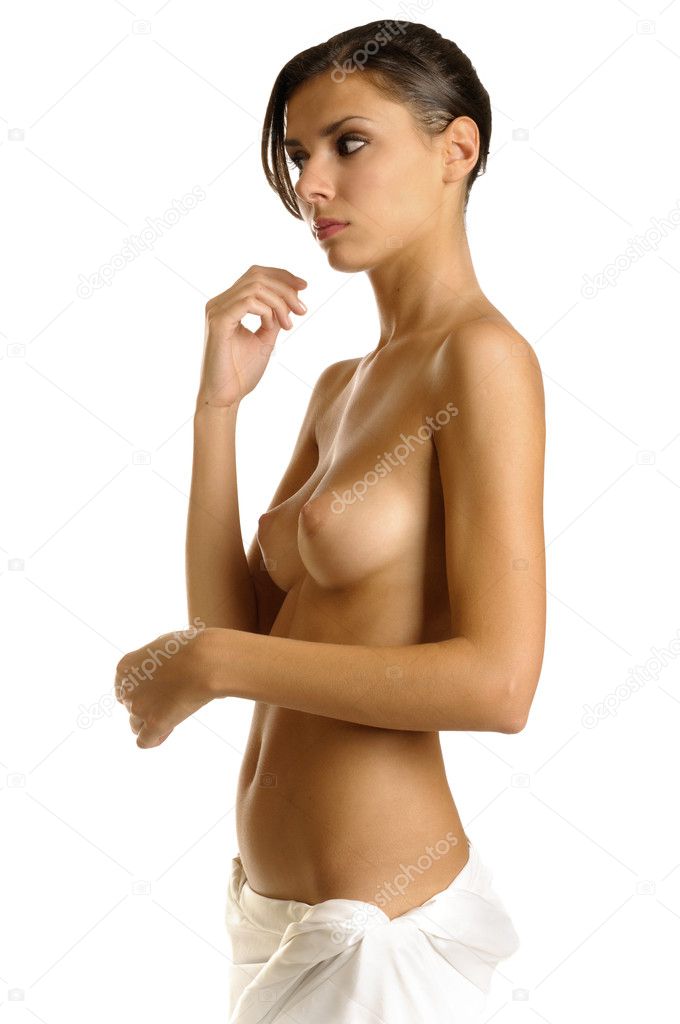 Beautiful young lady covers breasts her stock photo